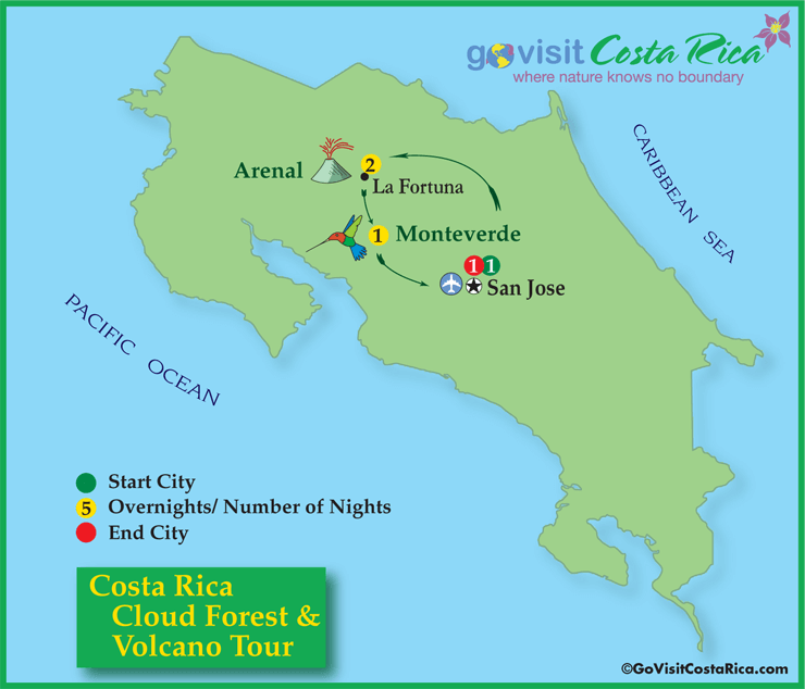 Mapa del Tour al Volcán & Bosque Nuboso de Costa Rica